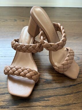 Sincerly Jules Braided Double-Strap Block Heel Sandal in Nude Tan Size 8.5